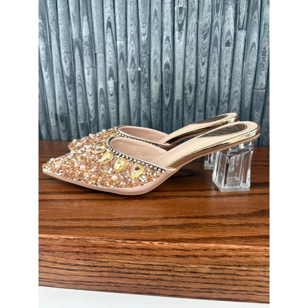 Champagne Rhinestone Embellished Pointed Toe Mules Clear Block Heel Size 37 - Picture 3 of 5